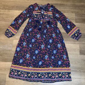 Navy Floral Cottagecore Vacation Midi Dress with Tassels Large